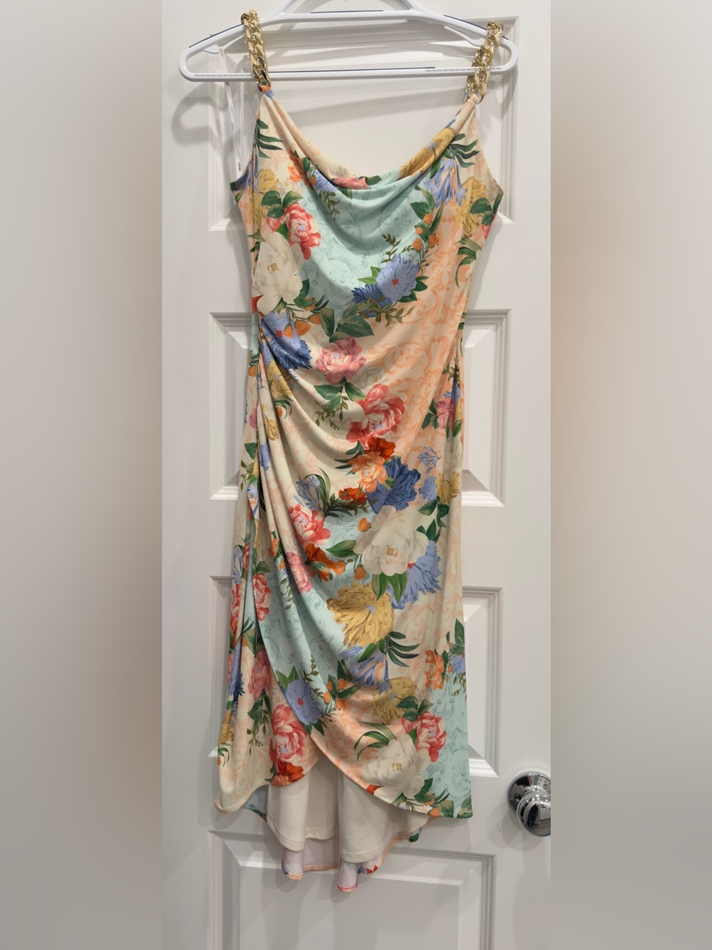 Floral Cowl Midi Dress with Gold Chain Straps - Cream and Mint